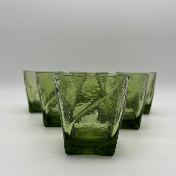 Vintage MCM Hazel-Atlas Pebblestone Green Flat Juice Whiskey Glasses - Set of 6 - Picture 2 of 8